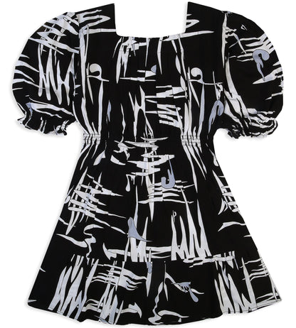 Girls Linen Printed Frock - Black