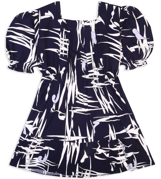 Girls Linen Printed Frock - Navy Blue