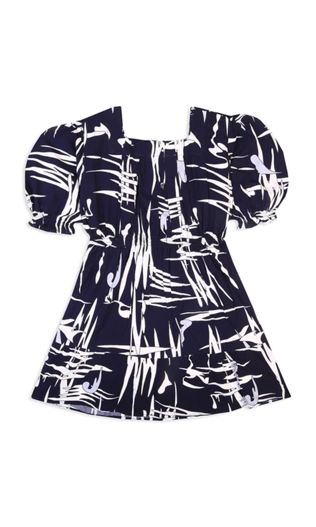 Girls Linen Printed Frock - Navy Blue