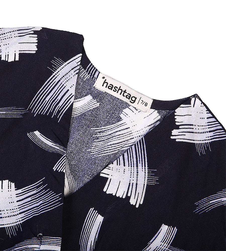 Girls Linen Printed Frock - Navy Blue