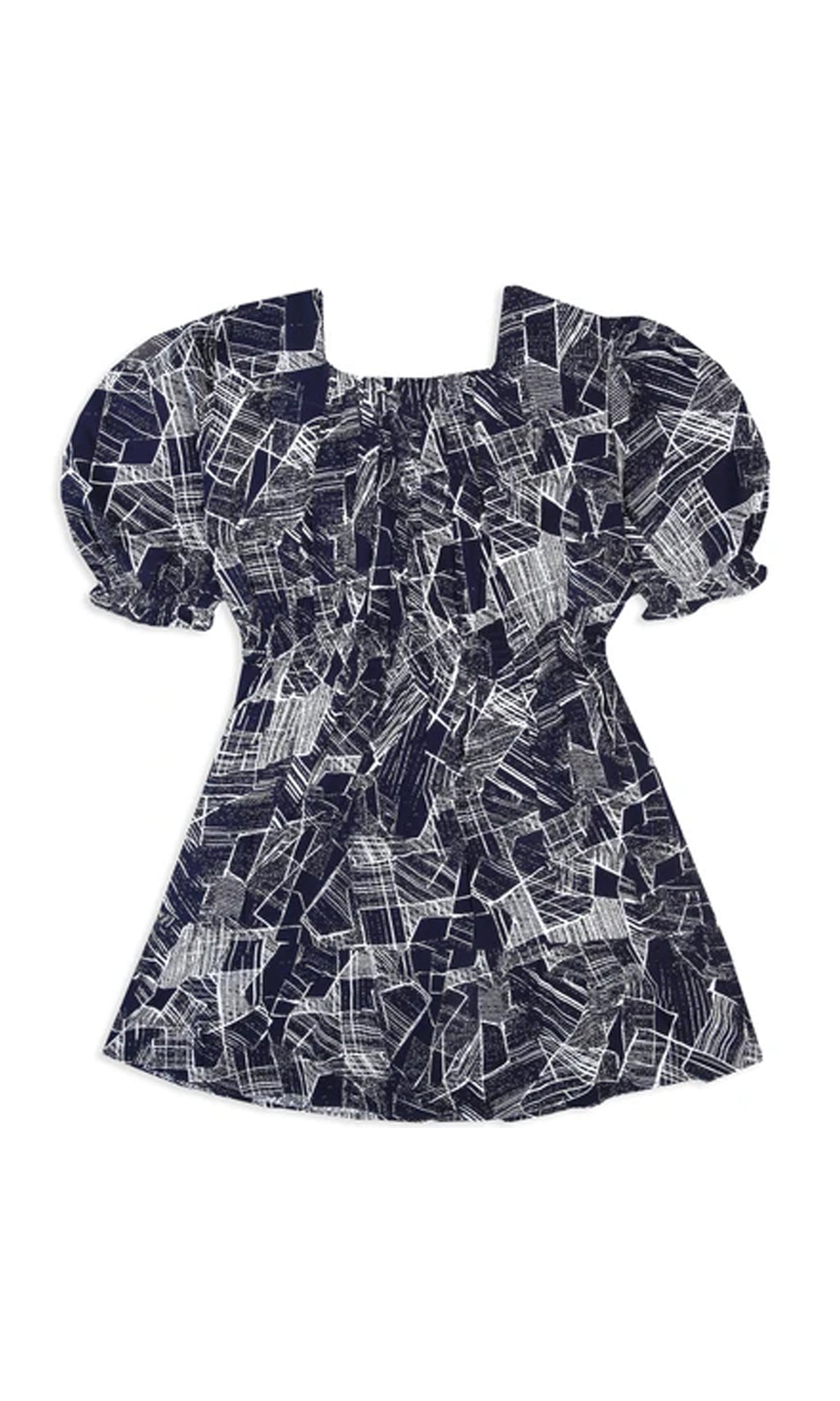 Girls Linen Printed Frock - Navy Blue