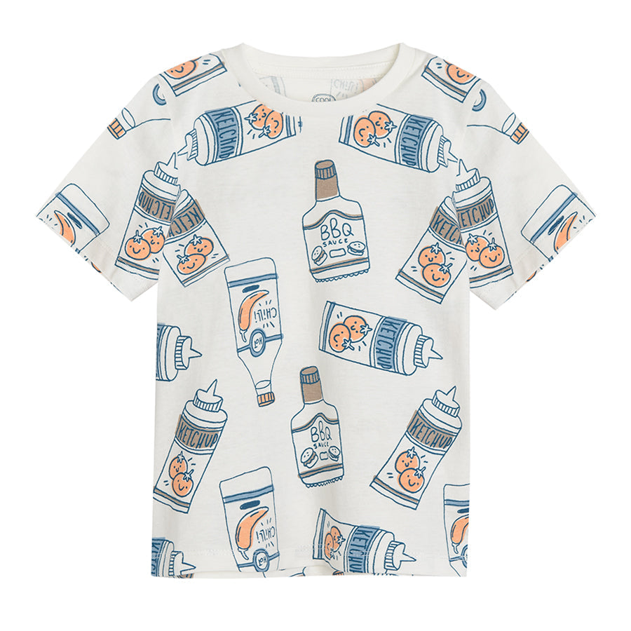 Boy's White Short Sleeve Blouse With BBQ Sauce Print