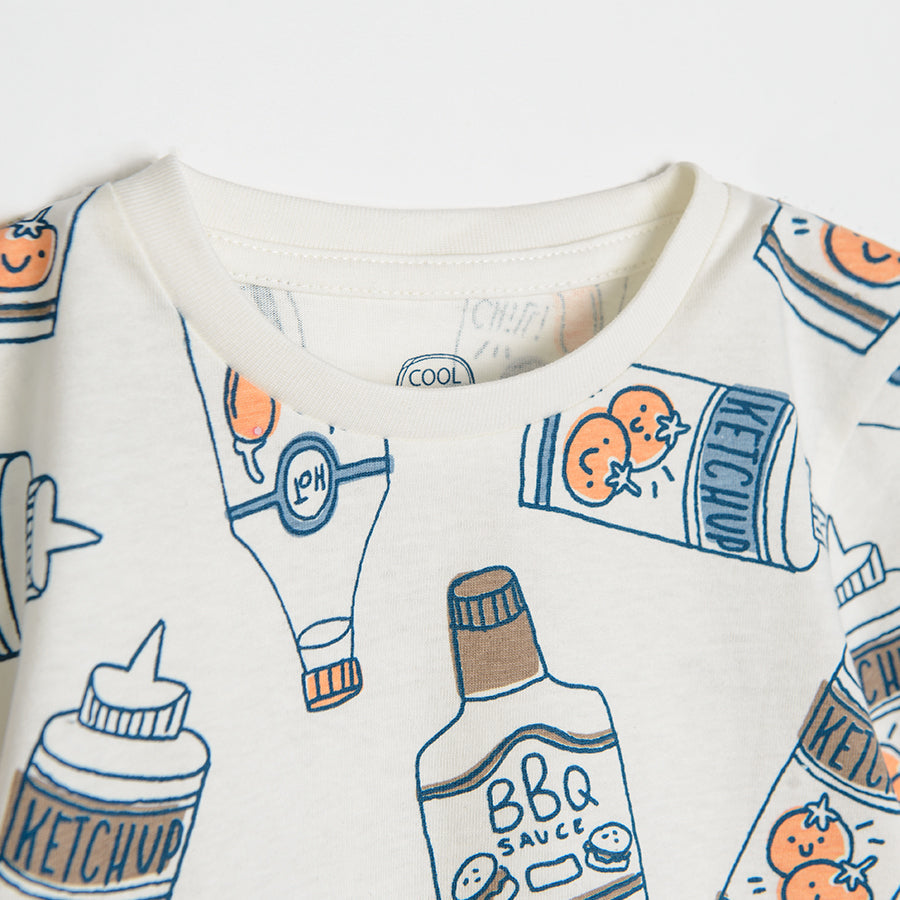 Boy's White Short Sleeve Blouse With BBQ Sauce Print