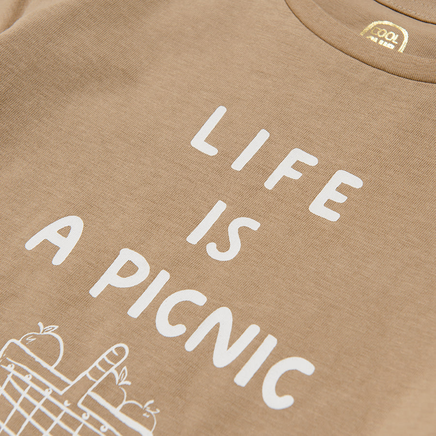 Boys Brown short sleeve blouse life is a picnic print