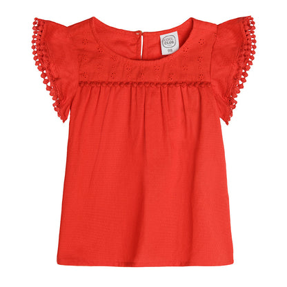 Girl's Blouse With Short Sleeves Red English Embroidery