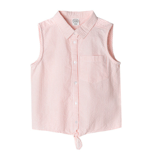 Girls Pink and white sleeveless shirt with collar and knot in the front