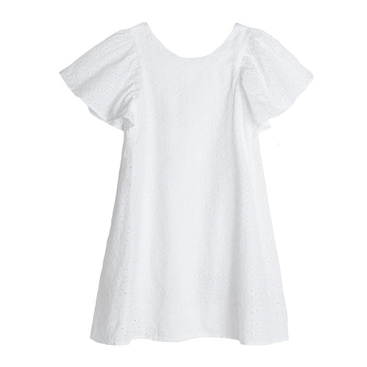 Girl's Dress With Short Sleeves, White, English Embroidery