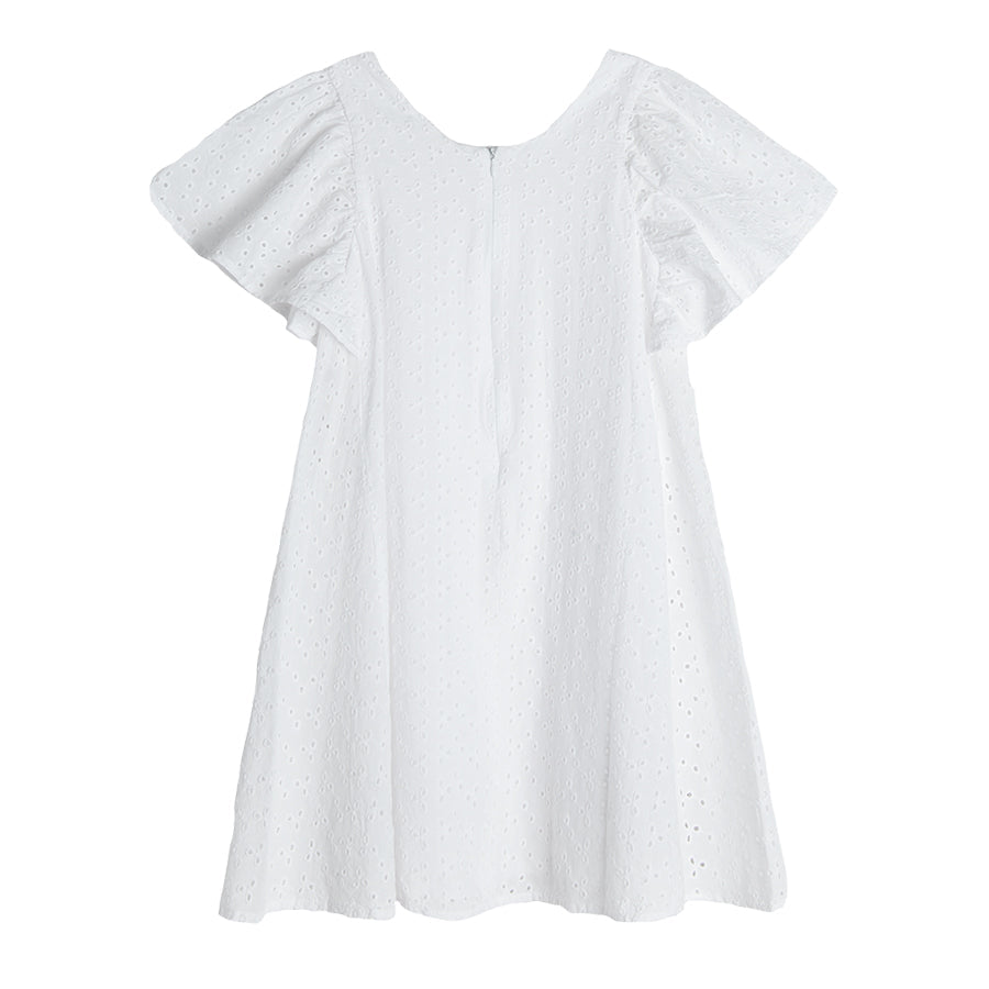 Girl's Dress With Short Sleeves, White, English Embroidery