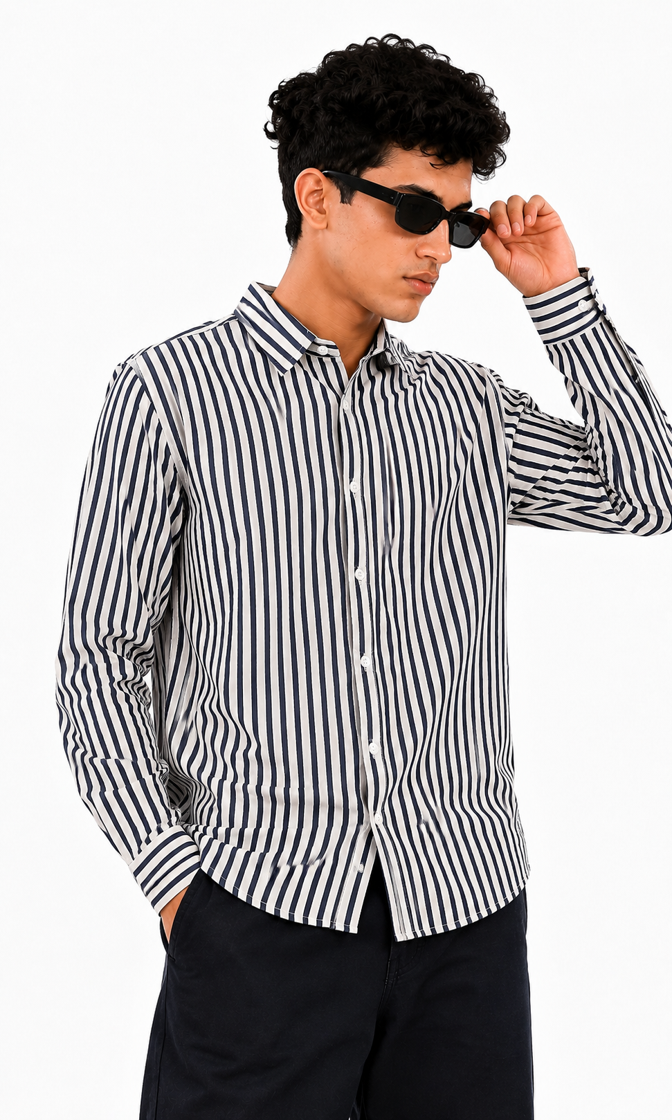 Boys Striped Formal Shirt - White & Navy Blue