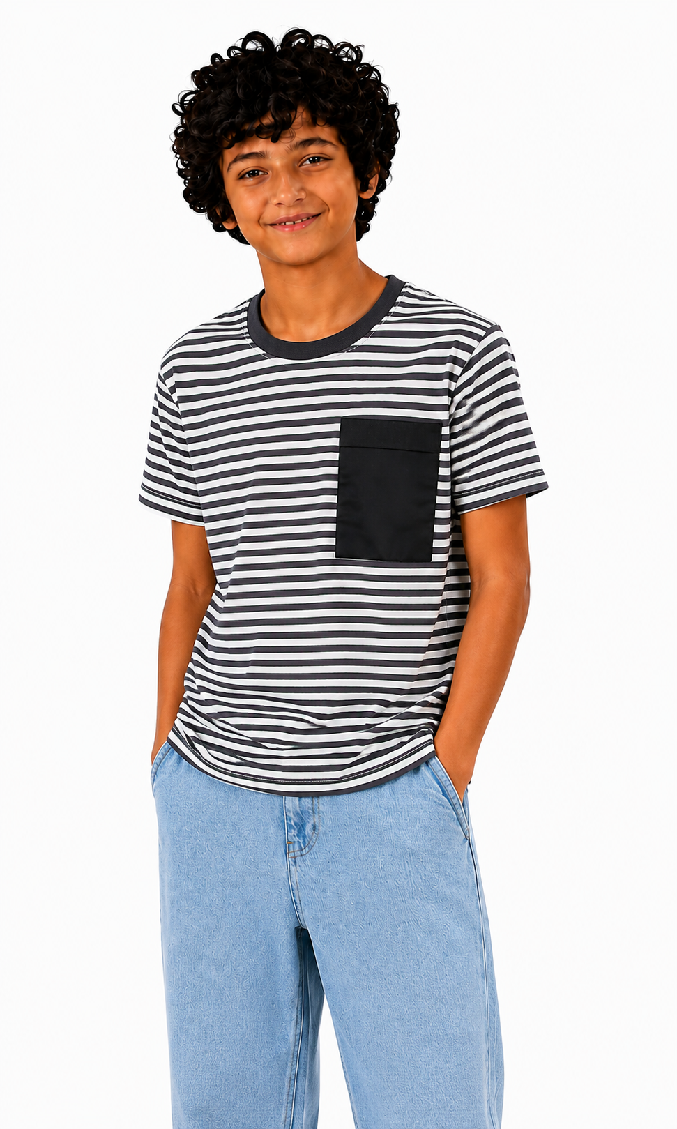 Boys Cotton Stripe T-Shirt - Steel Grey