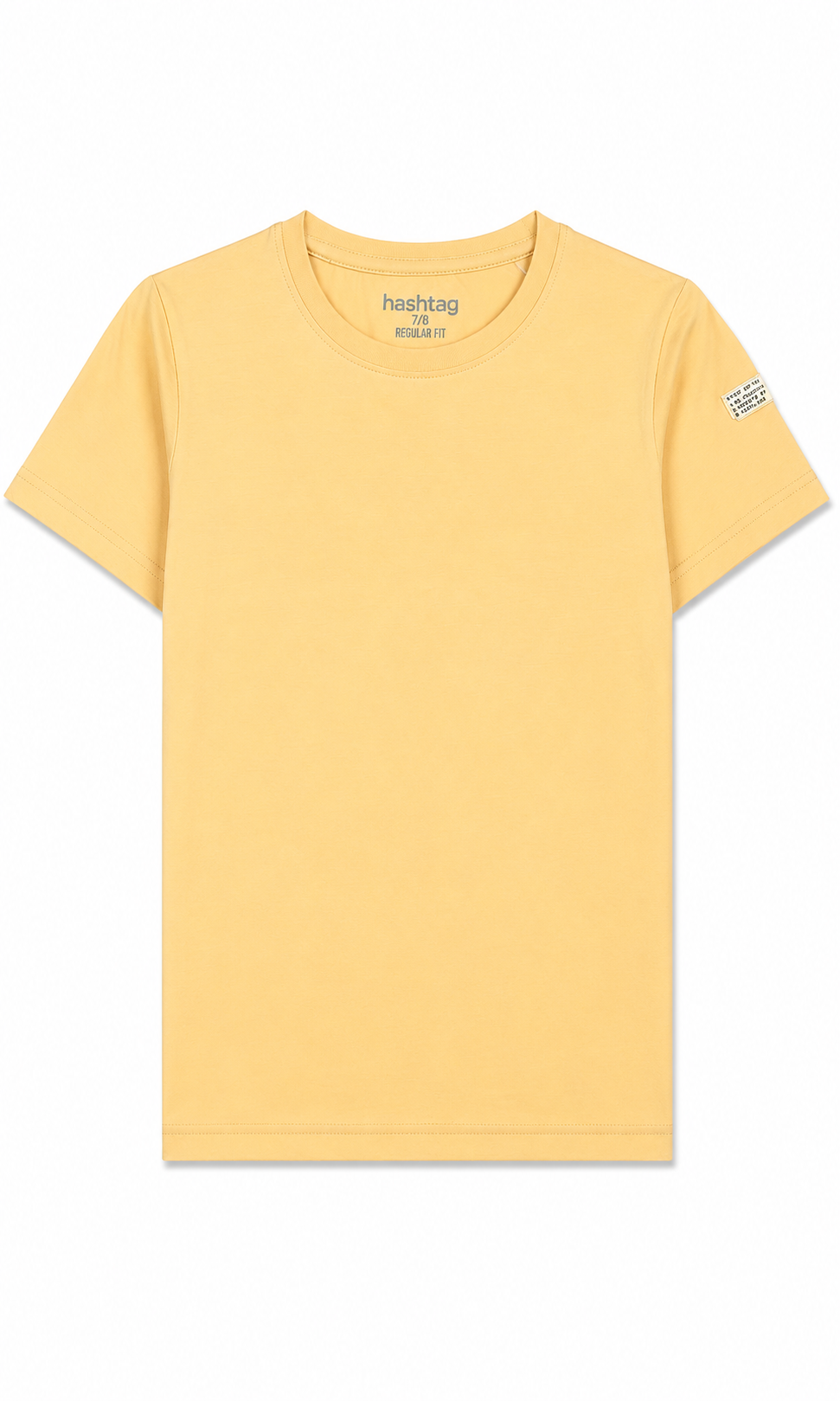 A pale yellow short-sleeve crewneck t-shirt by the brand hashtag, shown flat against a plain white background.