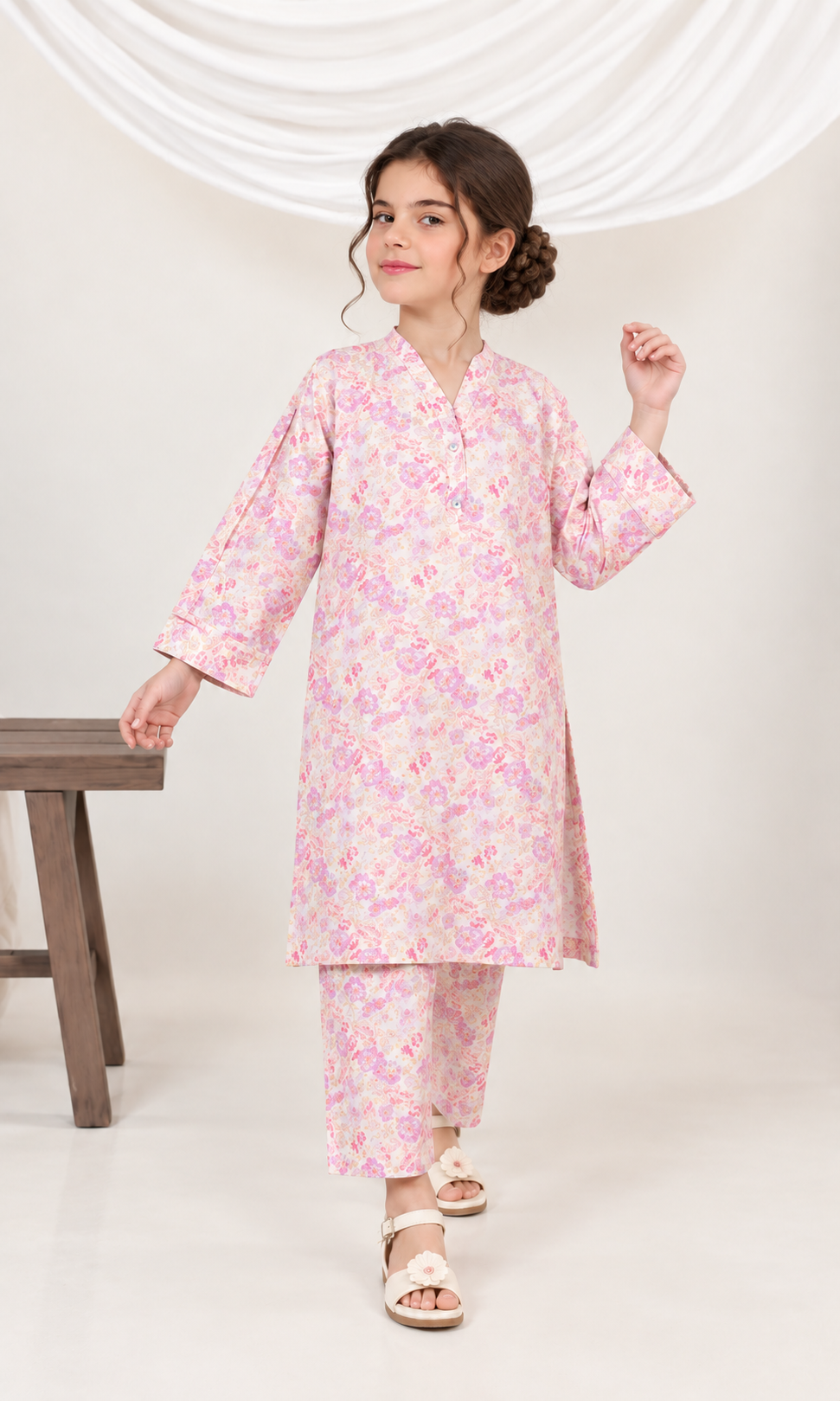 Girl's Stitched Poly Lawn 2 PCs