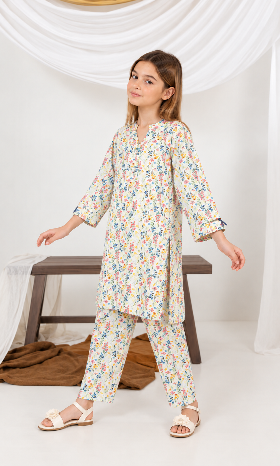 Girl's Stitched Poly Lawn 2 PCs