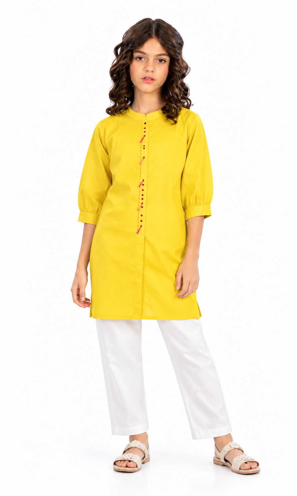 Girls Stitched Jacquard Kurti - Yellow