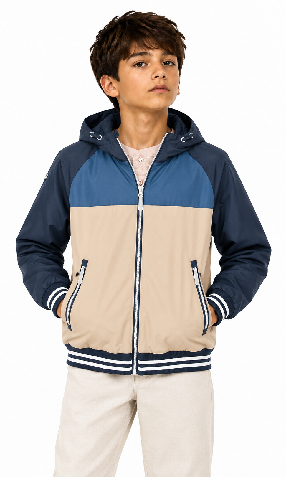 Boy's Hooded Jacket Navy Blue Beige