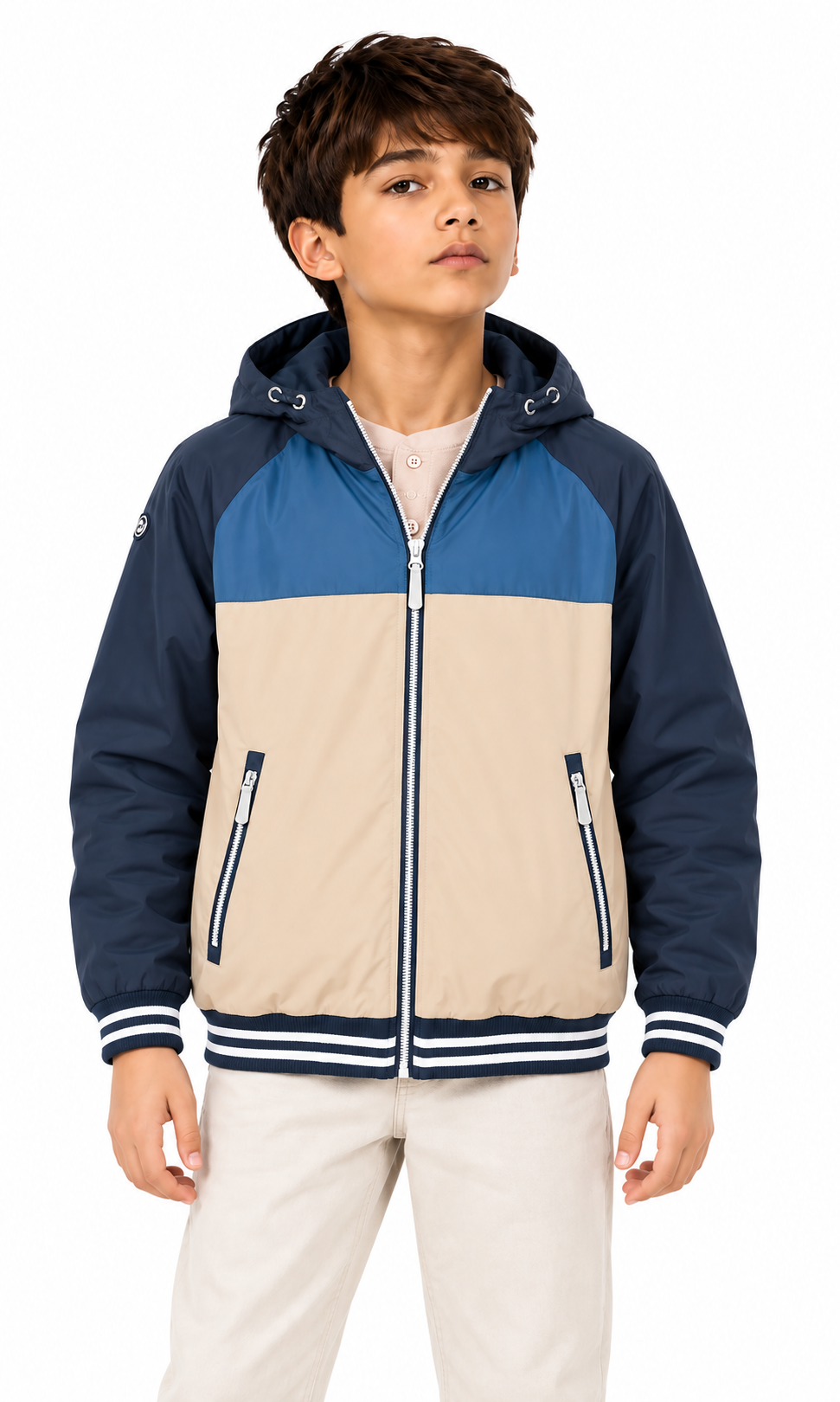 Boy's Hooded Jacket Navy Blue Beige