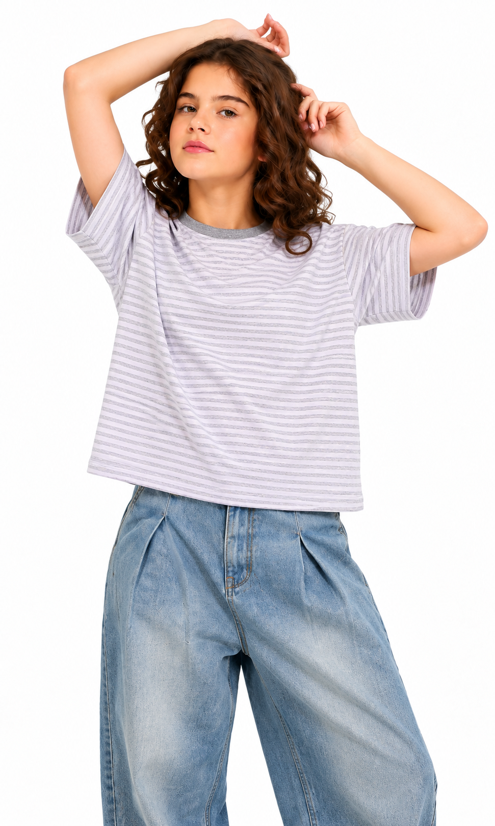 Girls Casual Striped T-Shirt - Grey