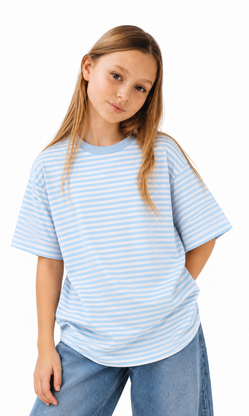 Girls Casual Striped T-Shirt - Aqua
