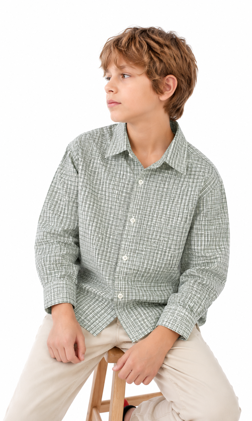 Boys Cotton Check Shirt - Olive Green