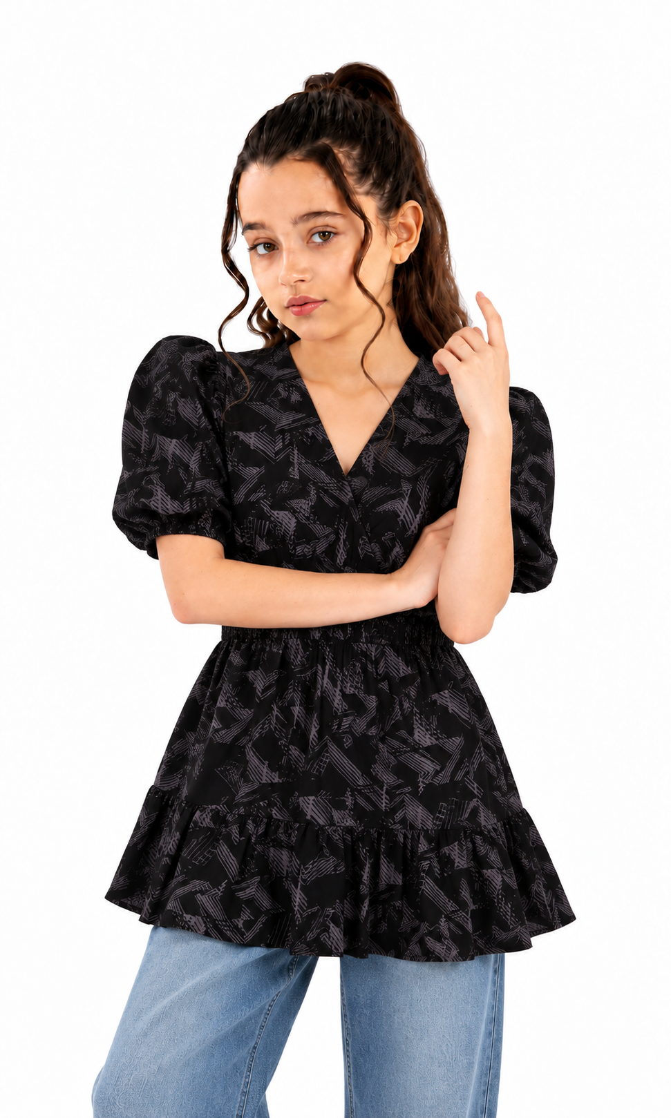 Girls Linen Printed Frock - Black
