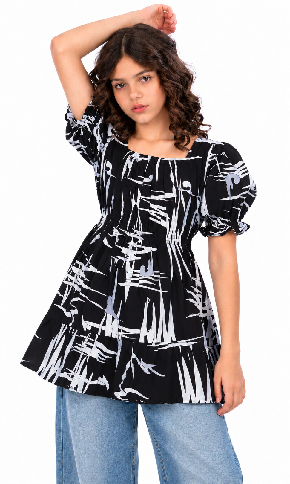 Girls Linen Printed Frock - Black