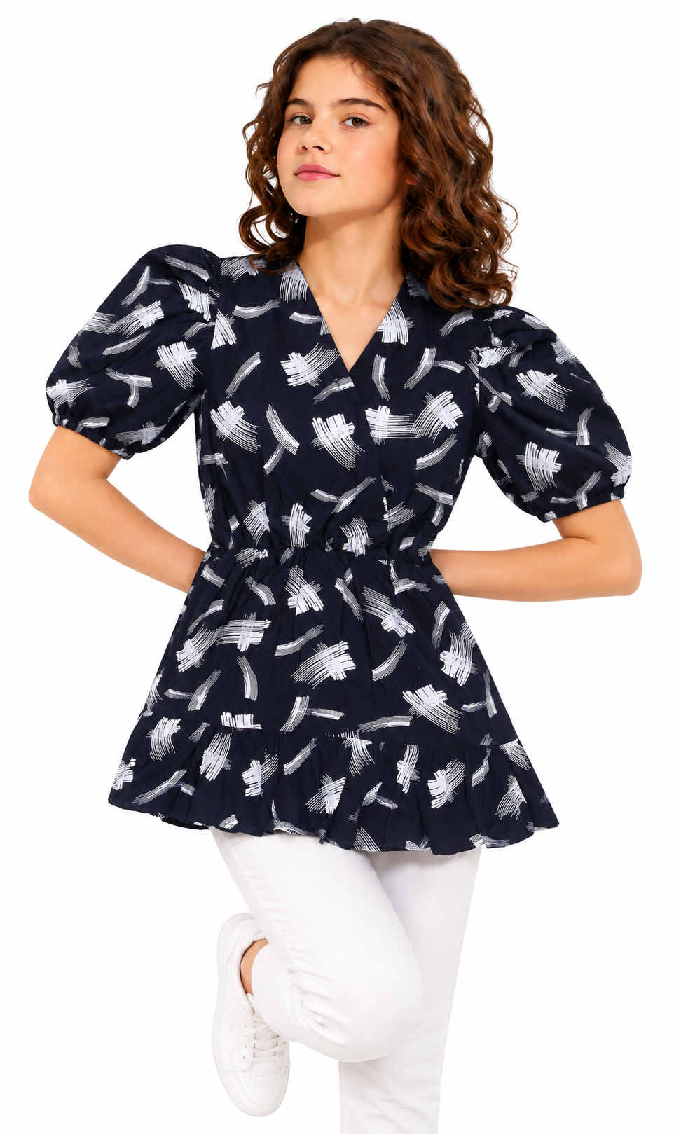 Girls Linen Printed Frock - Navy Blue