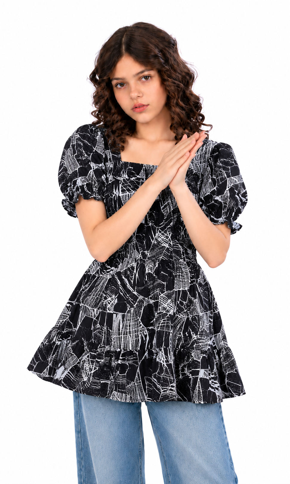 Girls Linen Printed Frock - Navy Blue