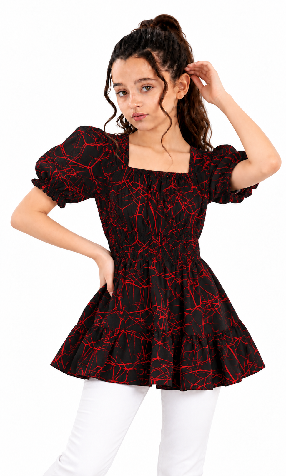 Girls Linen Printed Frock - Red