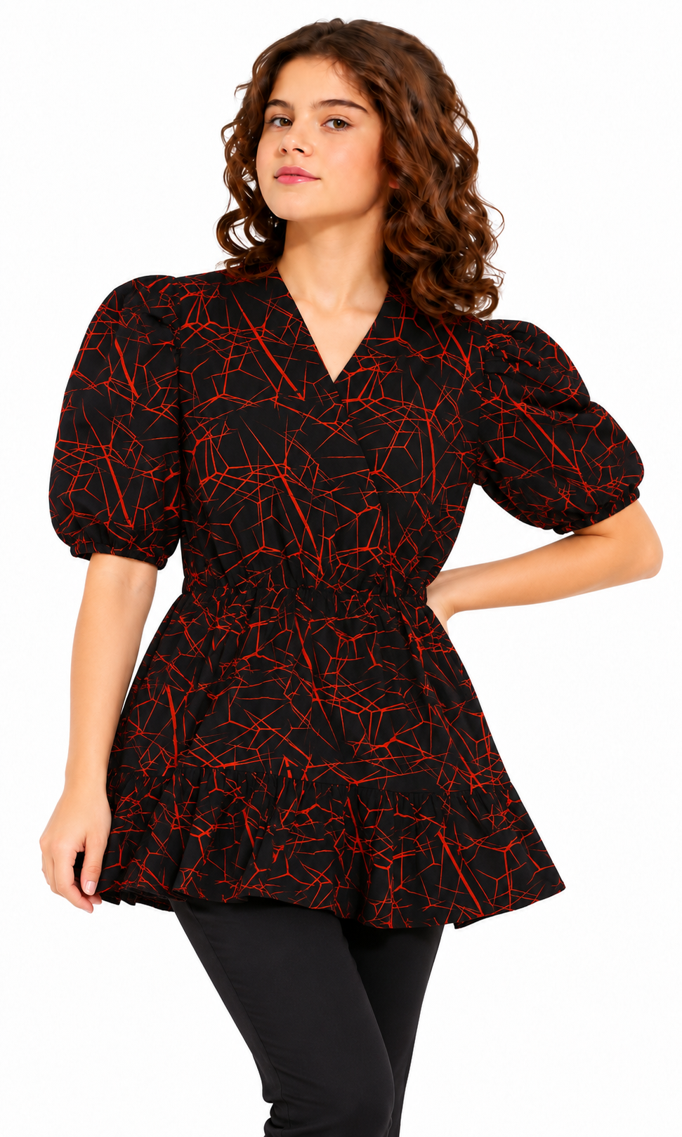 Girls Linen Printed Frock - Red