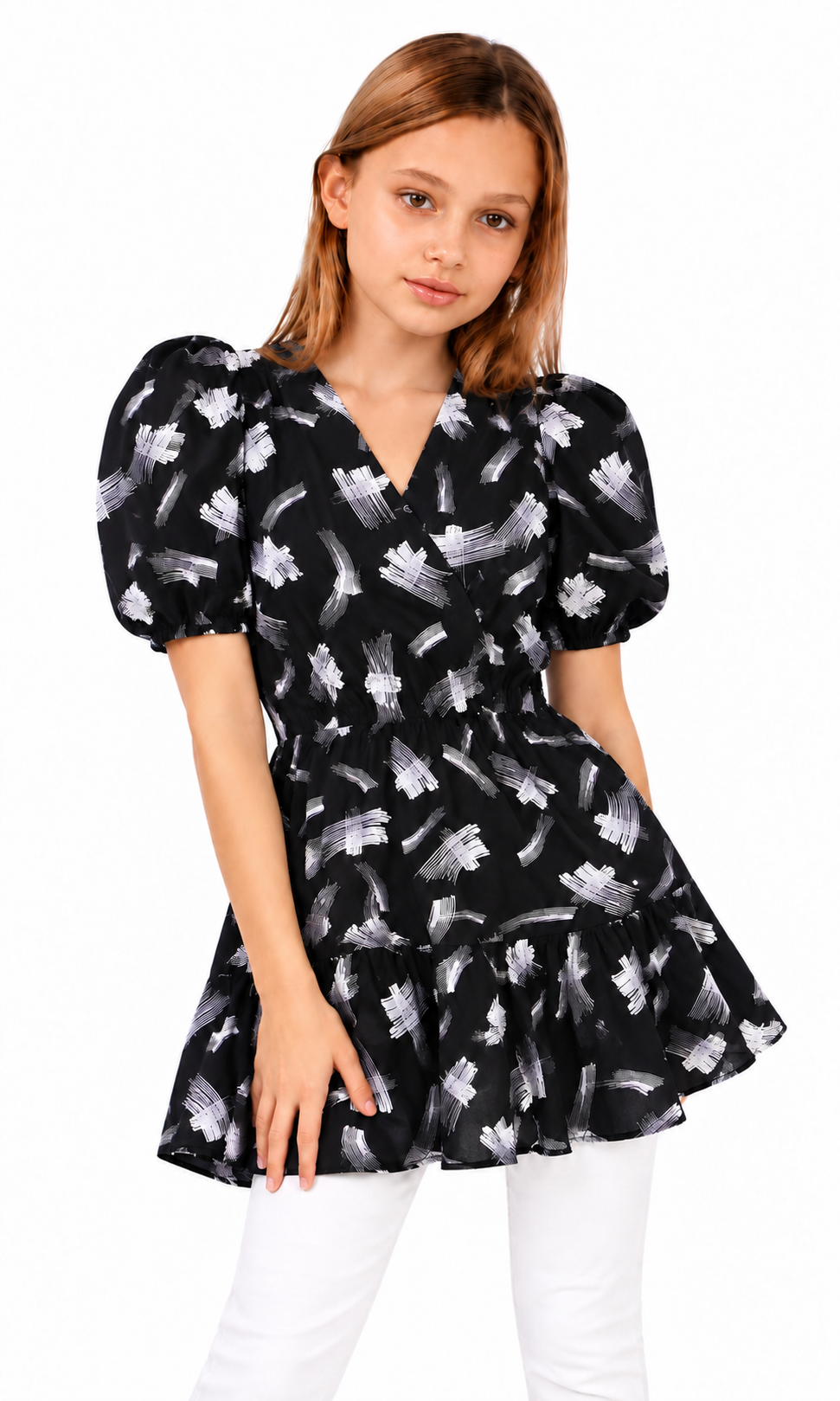 Girls Linen Printed Frock - Black