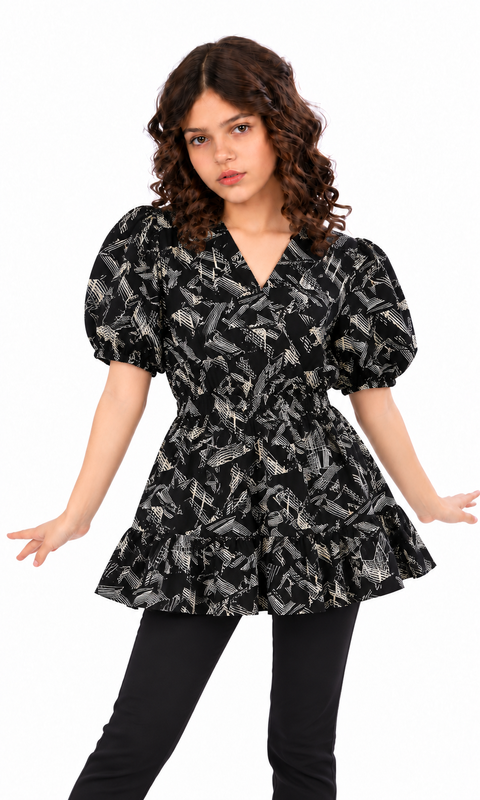 Girls Linen Printed Frock - Black