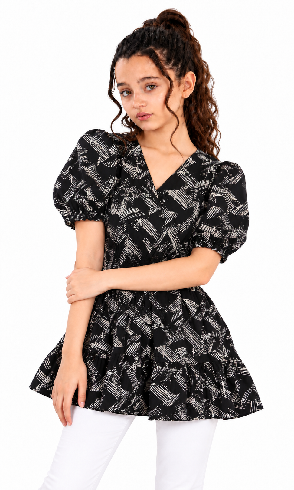 Girls Linen Printed Frock - Black