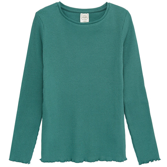 Girl's Long Sleeved Blouse Dark Green Ribbed Color